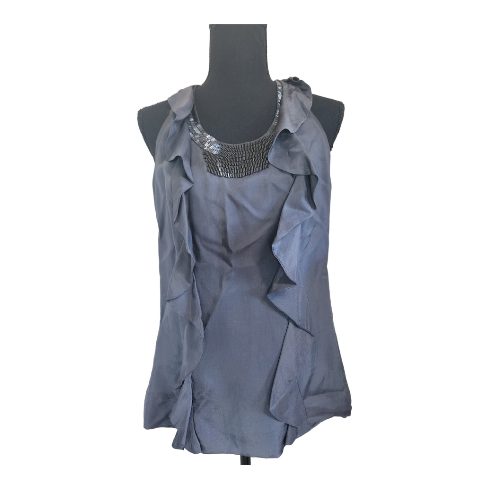 CLUB MONACO beaded sleeveless ruffle blouse slate blue size medium
